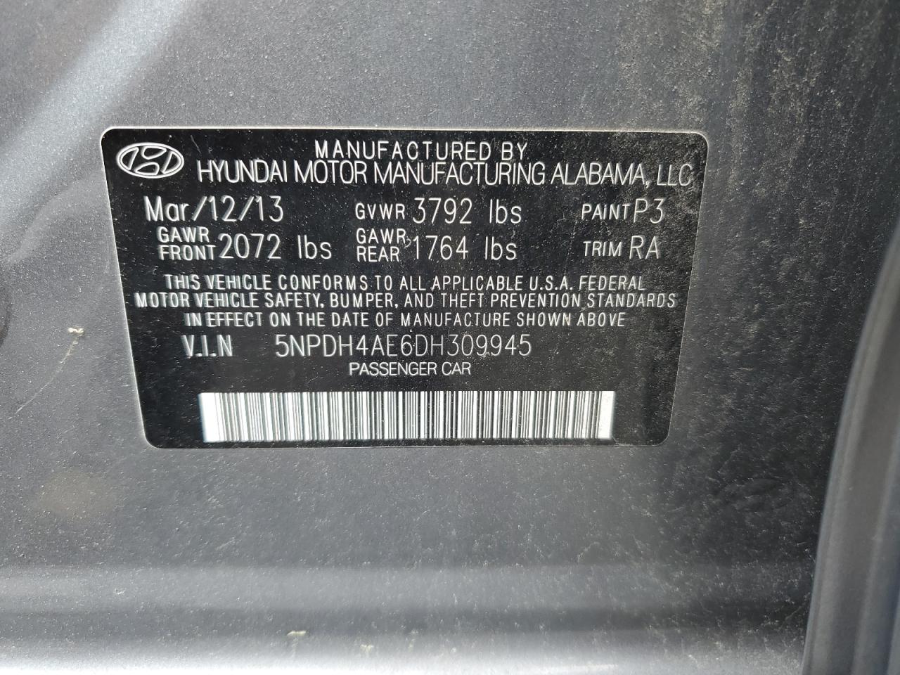 5NPDH4AE6DH309945 2013 Hyundai Elantra Gls