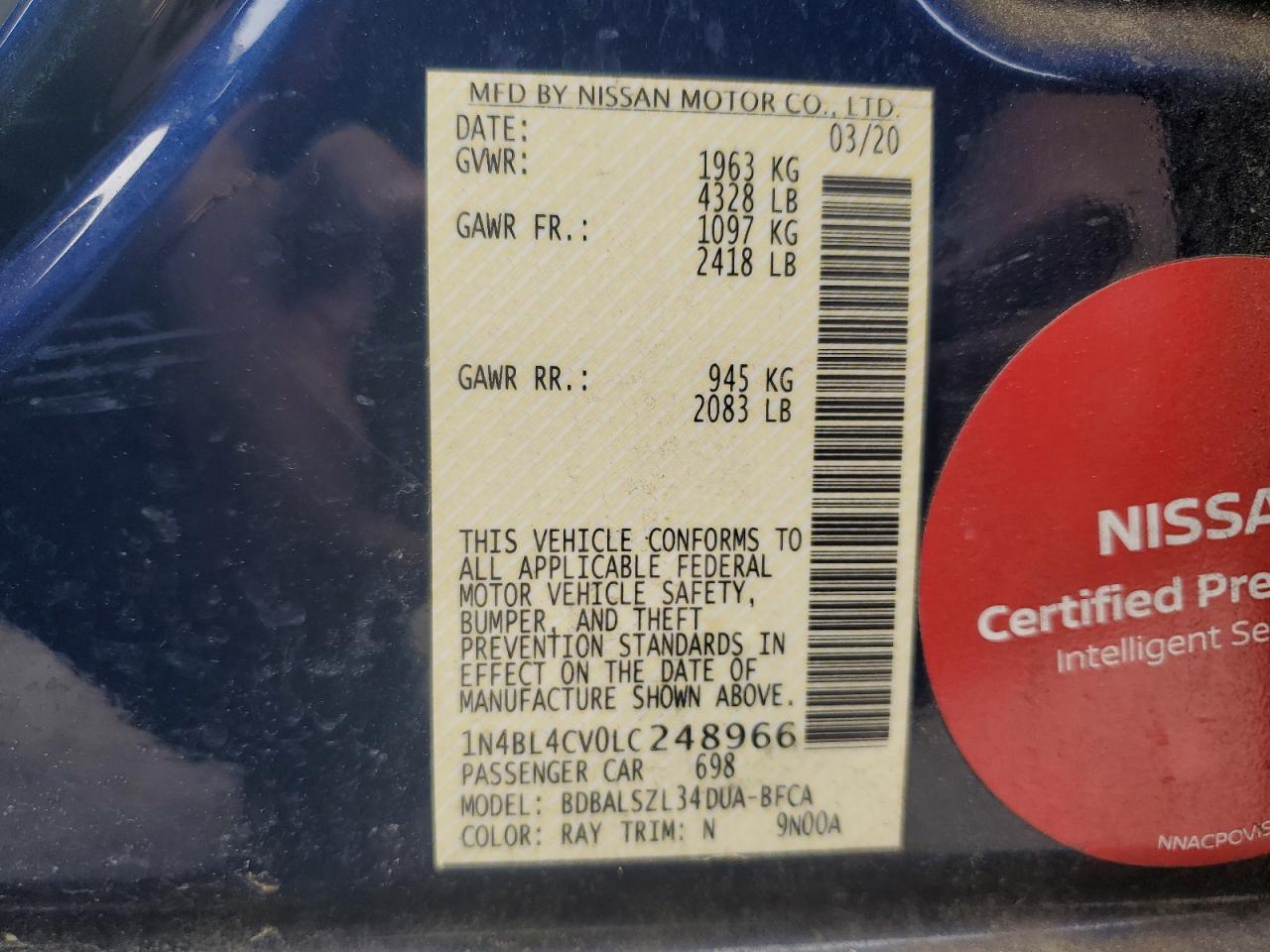 1N4BL4CV0LC248966 2020 Nissan Altima Sr