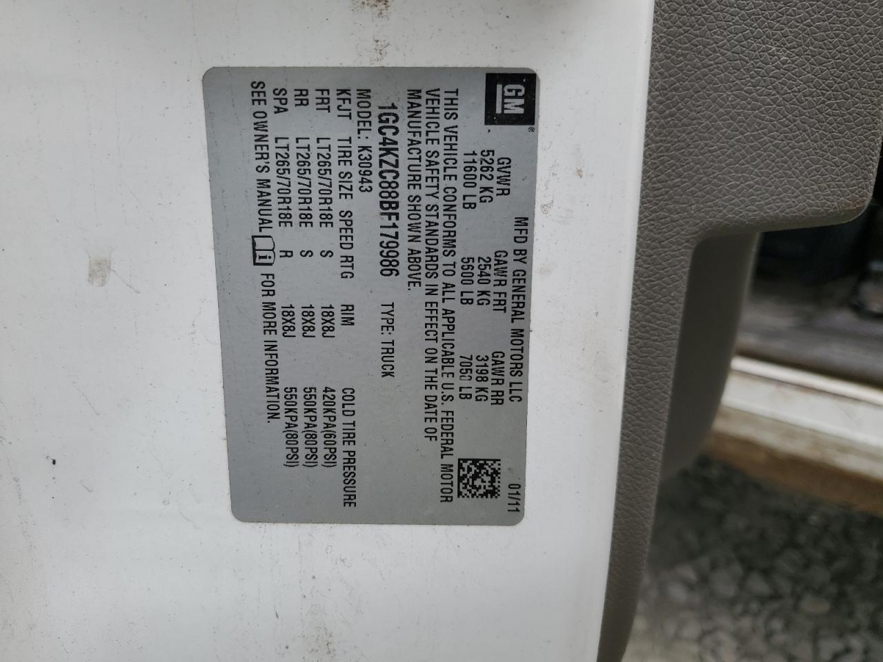 1gc4kzc88bf179986 1GC4KZC88BF179986 2011 Chevrolet Silverado K3500