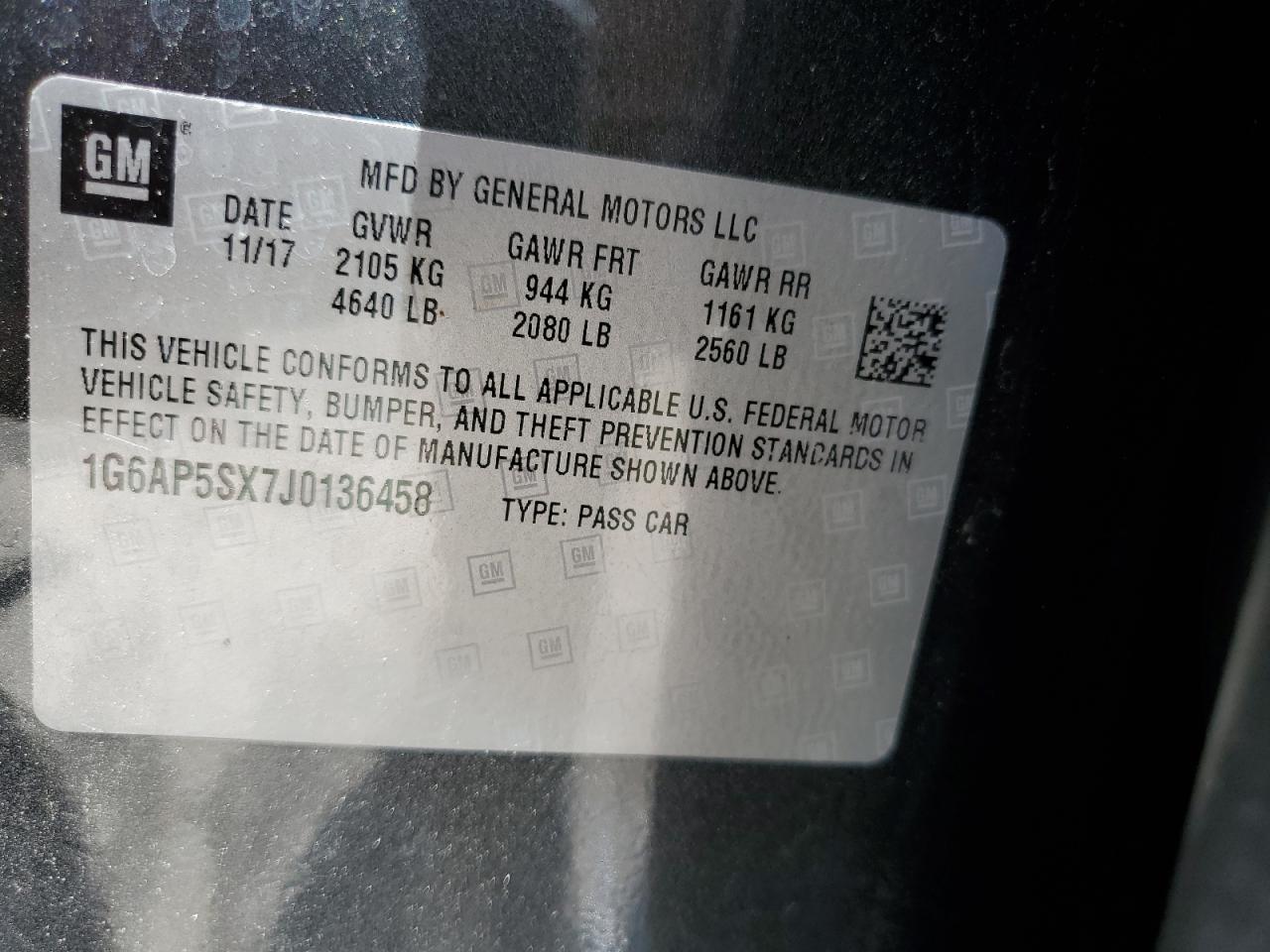 1G6AP5SX7J0136458 2018 Cadillac Cts