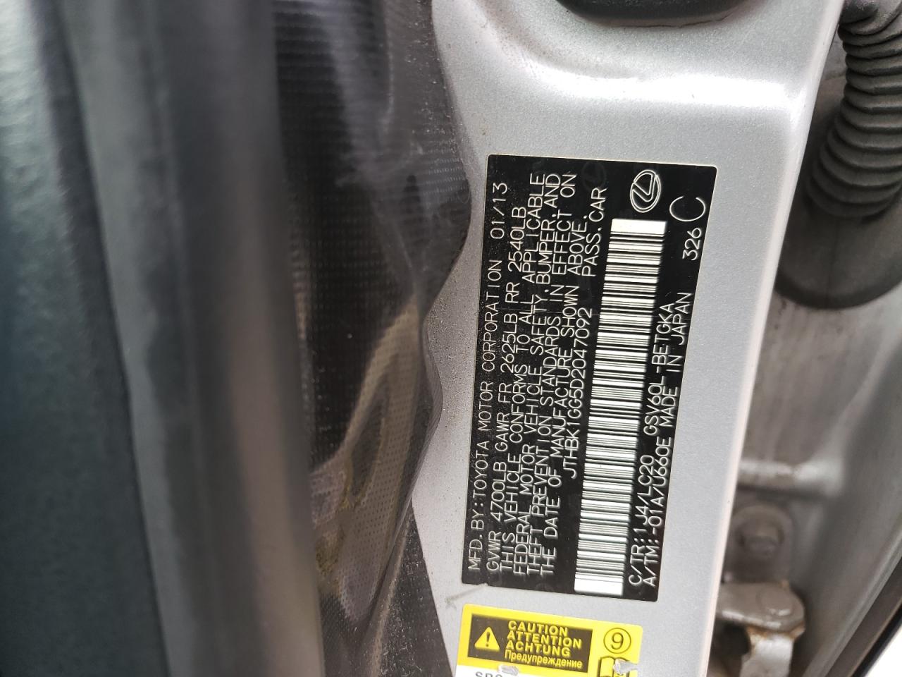 JTHBK1GG5D2047092 2013 Lexus Es 350