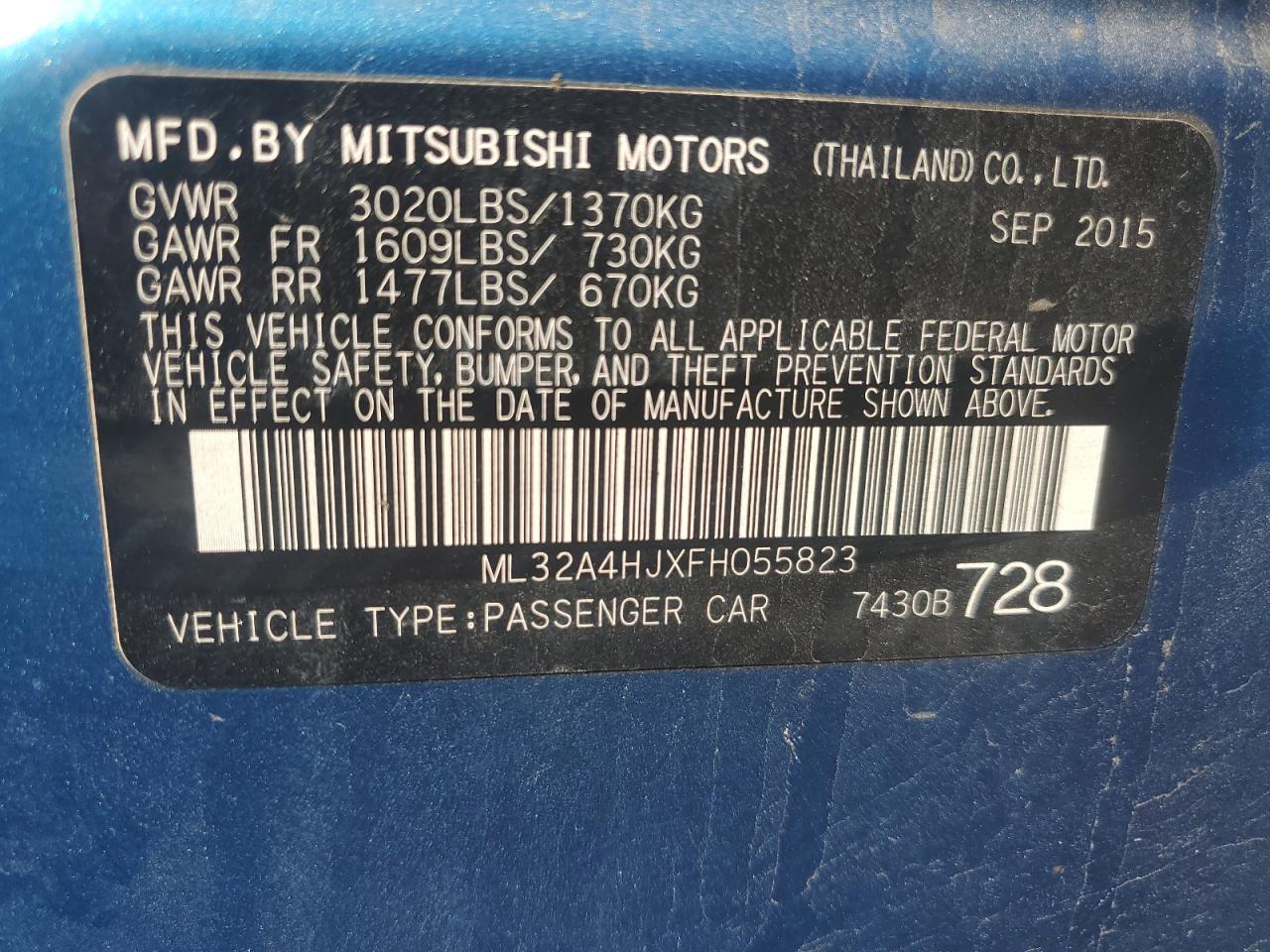 ML32A4HJXFH055823 2015 Mitsubishi Mirage Es