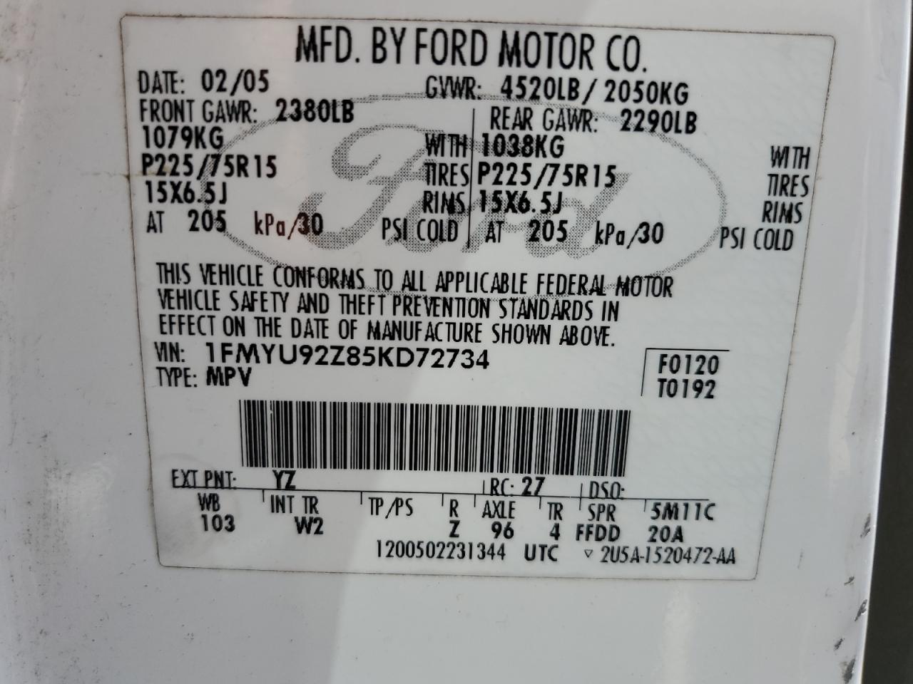 1FMYU92Z85KD72734 2005 Ford Escape Xls