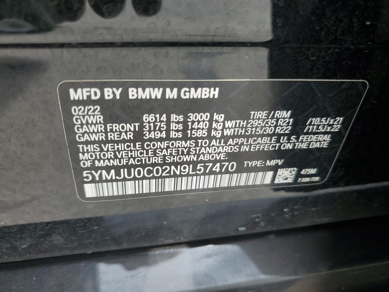 5YMJU0C02N9L57470 2022 BMW X5 M