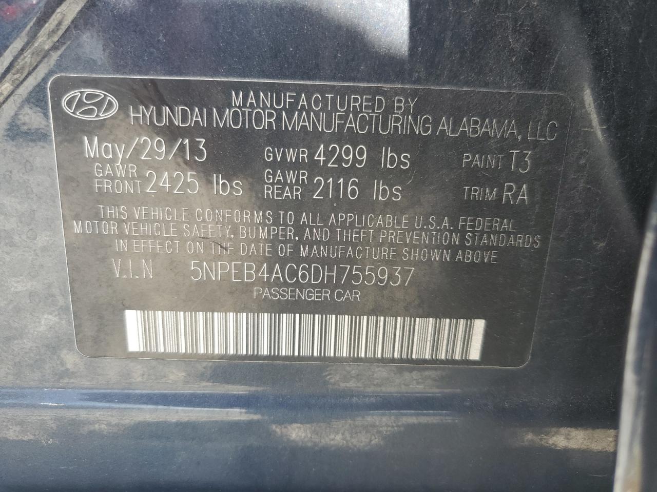 5NPEB4AC6DH755937 2013 Hyundai Sonata Gls