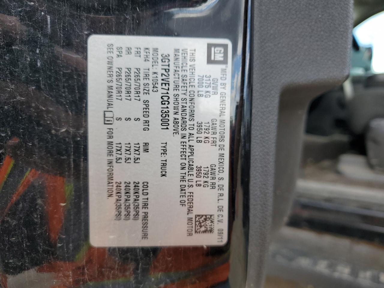 3GTP2VE71CG135001 2012 GMC Sierra K1500 Sle