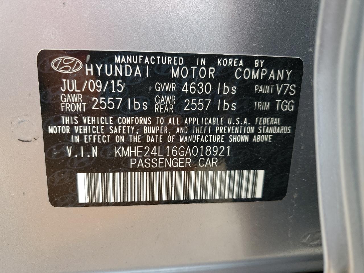 KMHE24L16GA018921 2016 Hyundai Sonata Hybrid