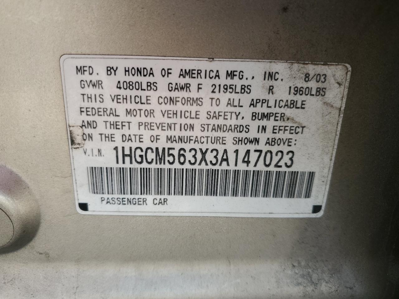 1HGCM563X3A147023 2003 Honda Accord Lx