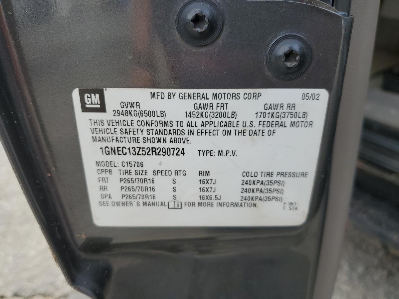 1GNEC13Z52R290724 2002 Chevrolet Tahoe C1500