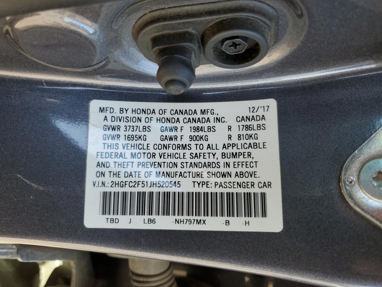 2HGFC2F51JH520545 2018 Honda Civic Lx