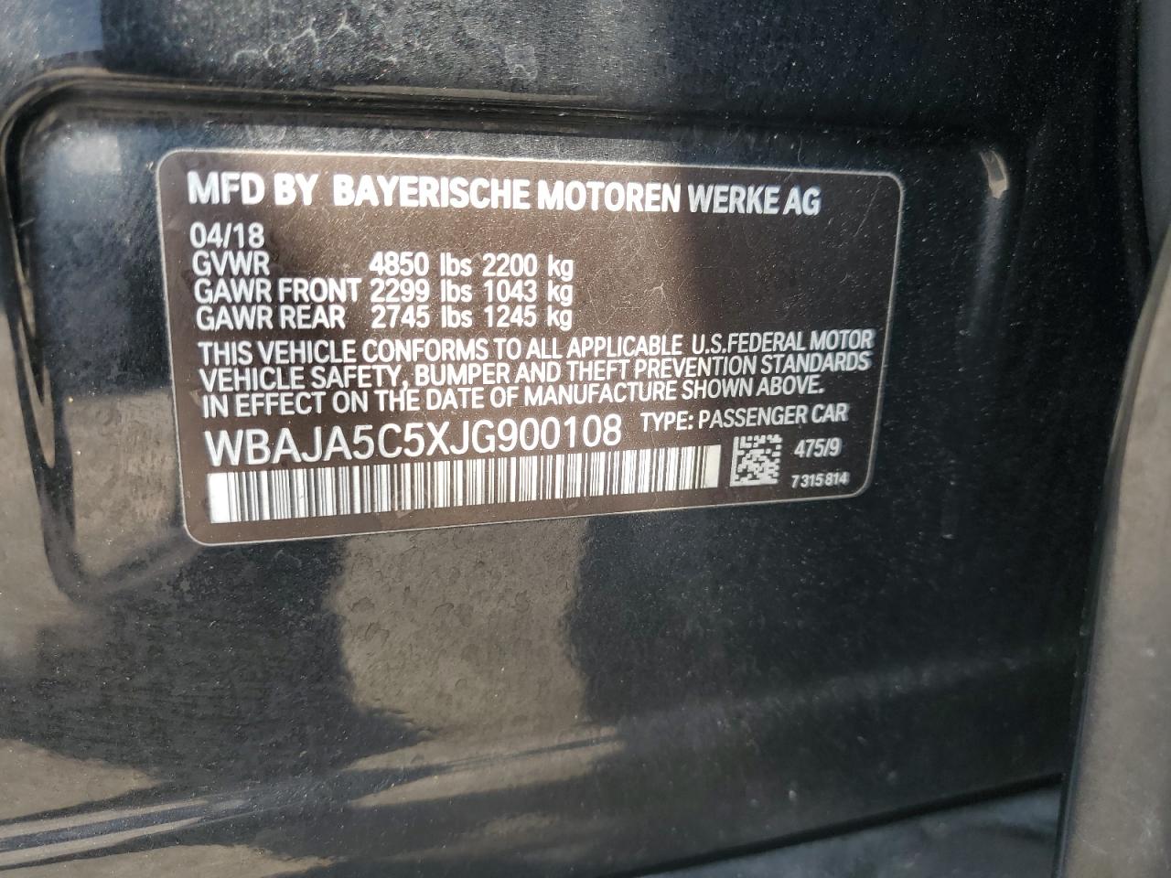WBAJA5C5XJG900108 2018 BMW 530 I