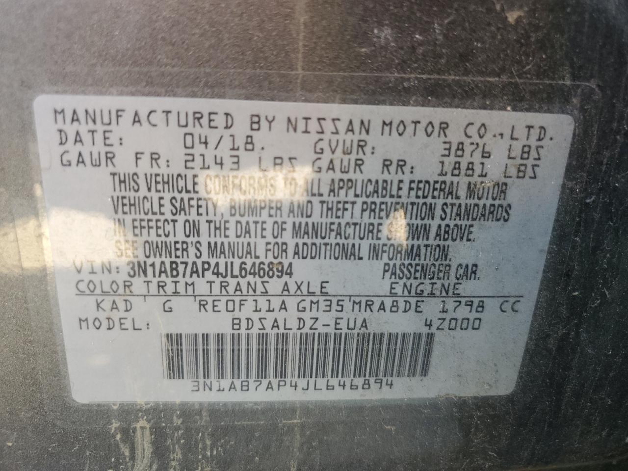 3N1AB7AP4JL646894 2018 Nissan Sentra S