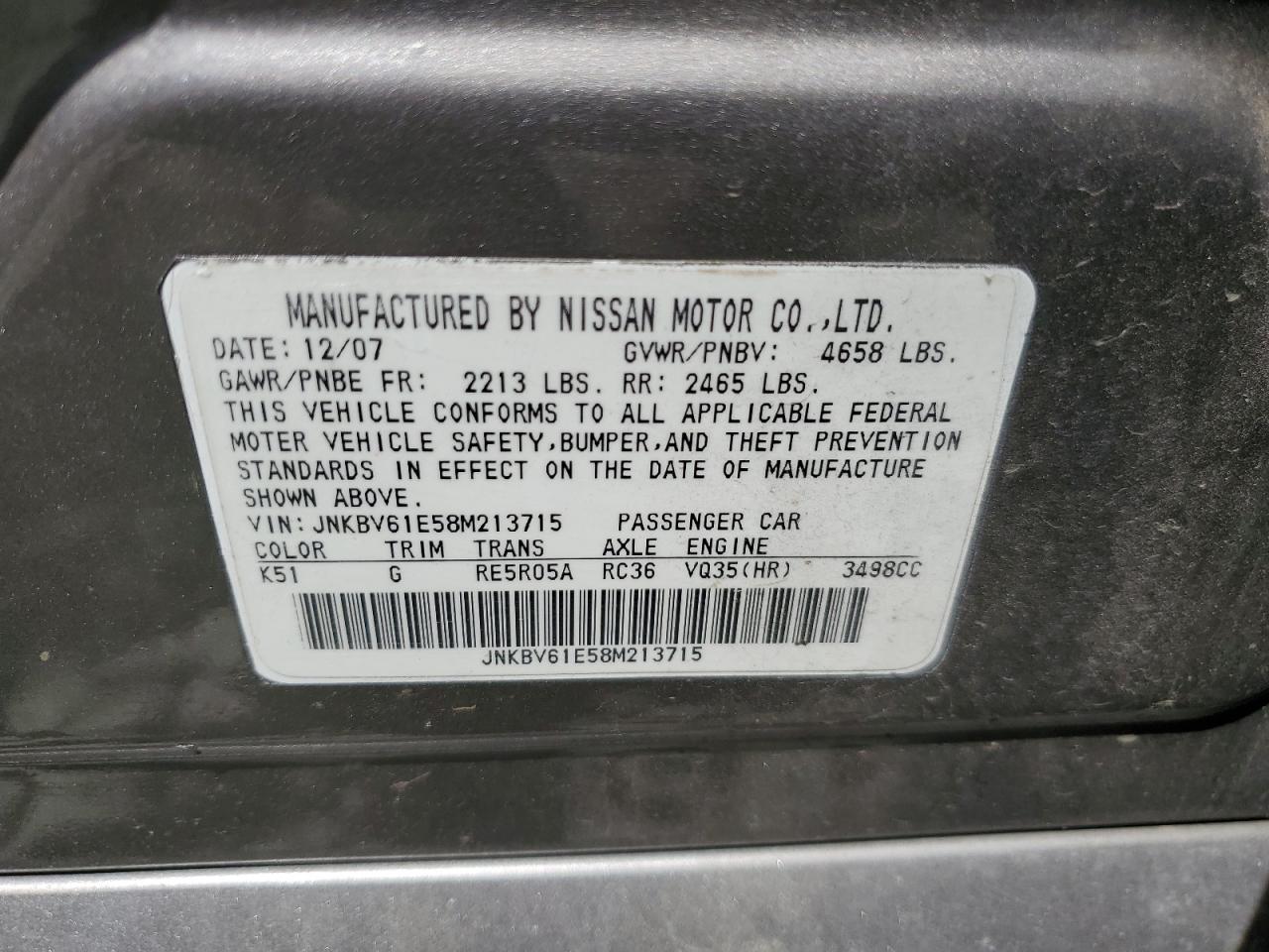 JNKBV61E58M213715 2008 Infiniti G35