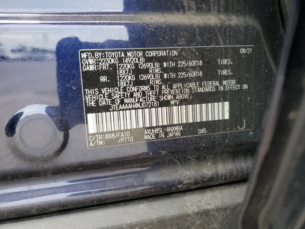 JTEAAAAH4MJ072181 2021 Toyota Venza Le