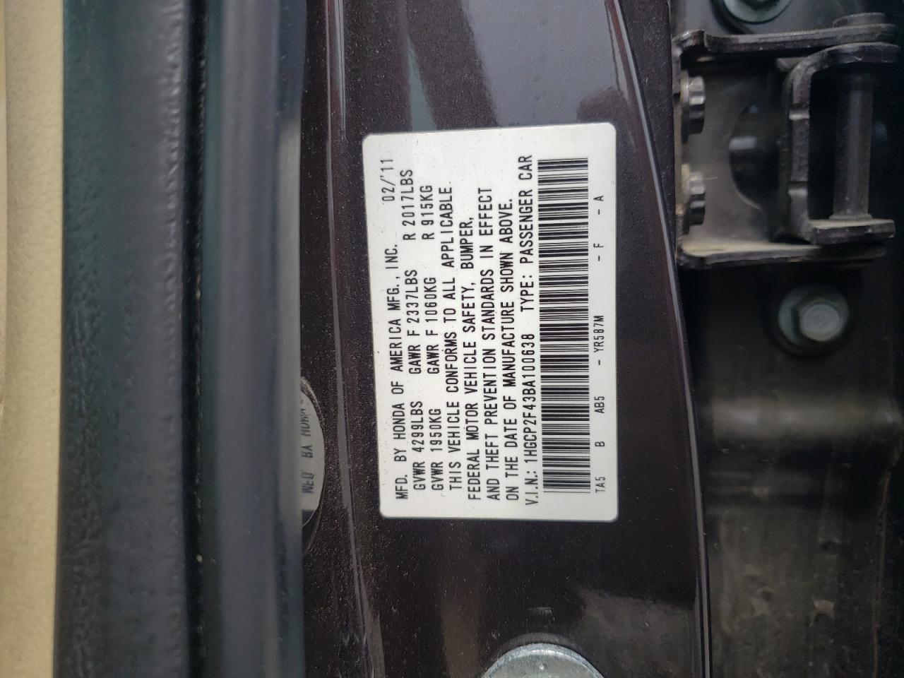 1HGCP2F43BA100638 2011 Honda Accord Lxp