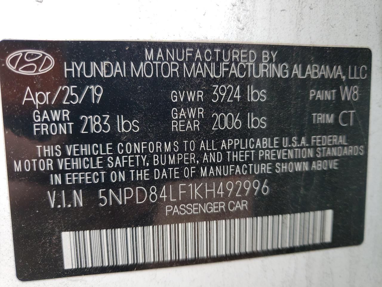 5NPD84LF1KH492996 2019 Hyundai Elantra Sel