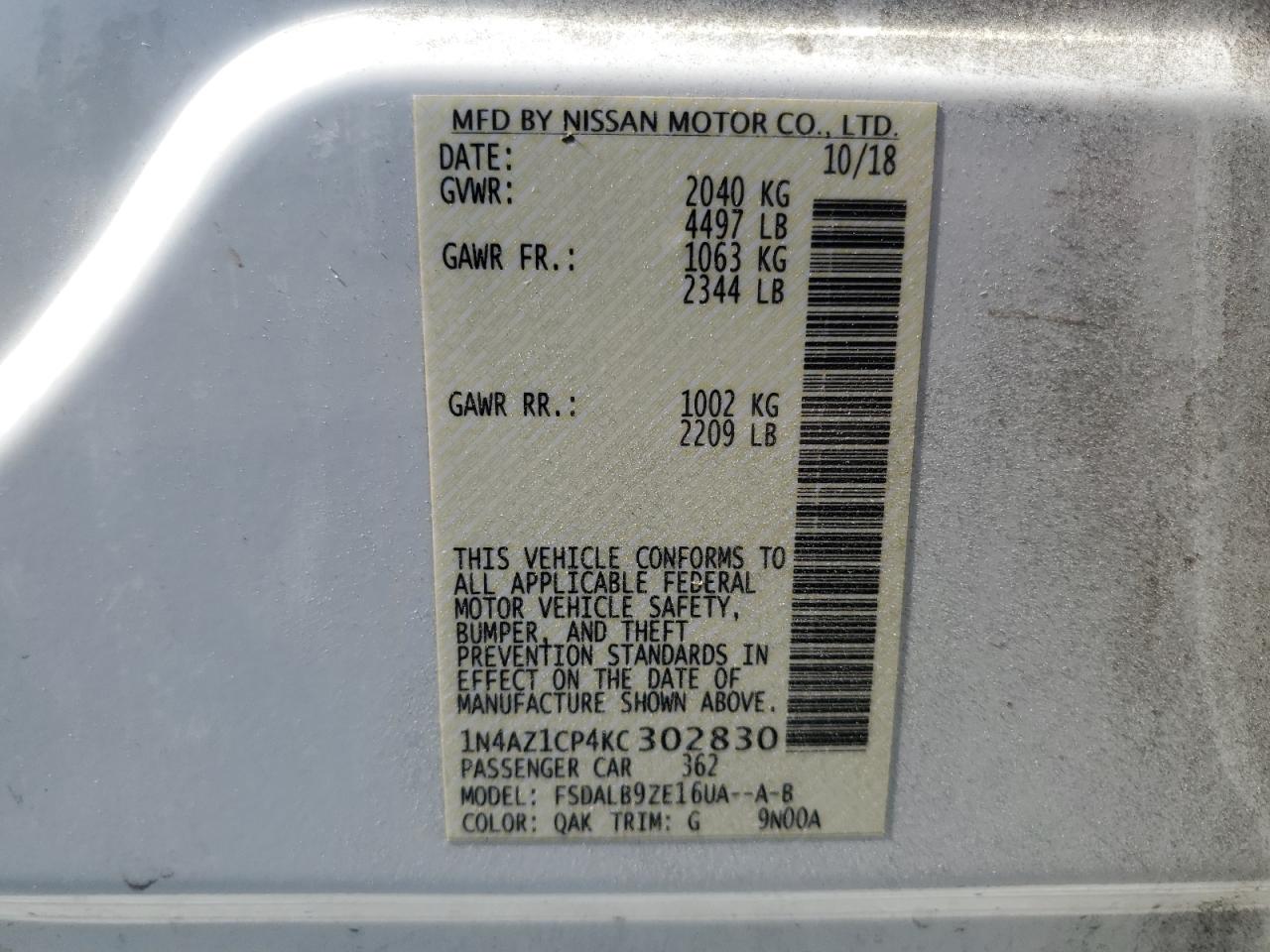 1N4AZ1CP4KC302830 2019 Nissan Leaf S