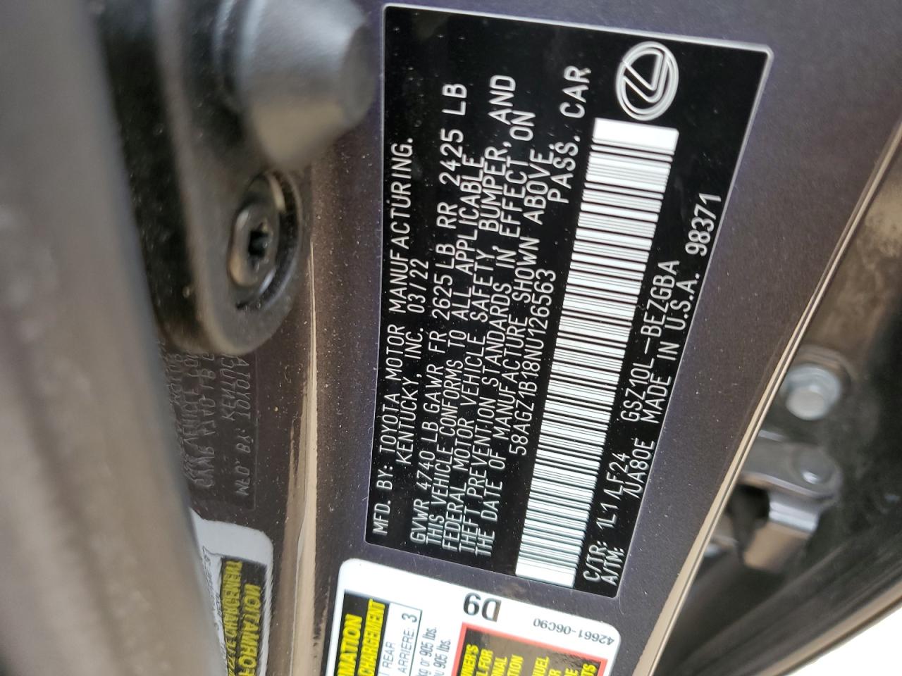 58AGZ1B18NU126563 2022 Lexus Es 350 Base