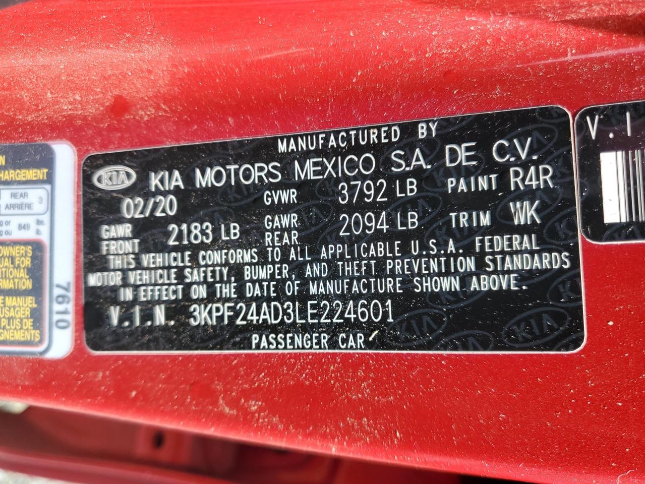 3KPF24AD3LE224601 2020 Kia Forte Fe