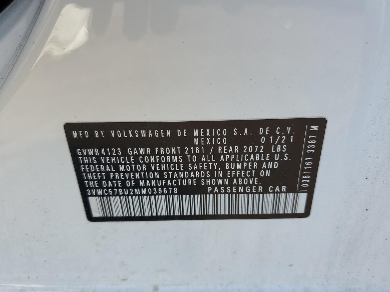 3VWC57BU2MM039678 2021 Volkswagen Jetta S