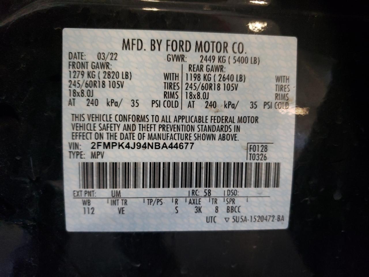 2022 Ford Edge Sel vin: 2FMPK4J94NBA44677