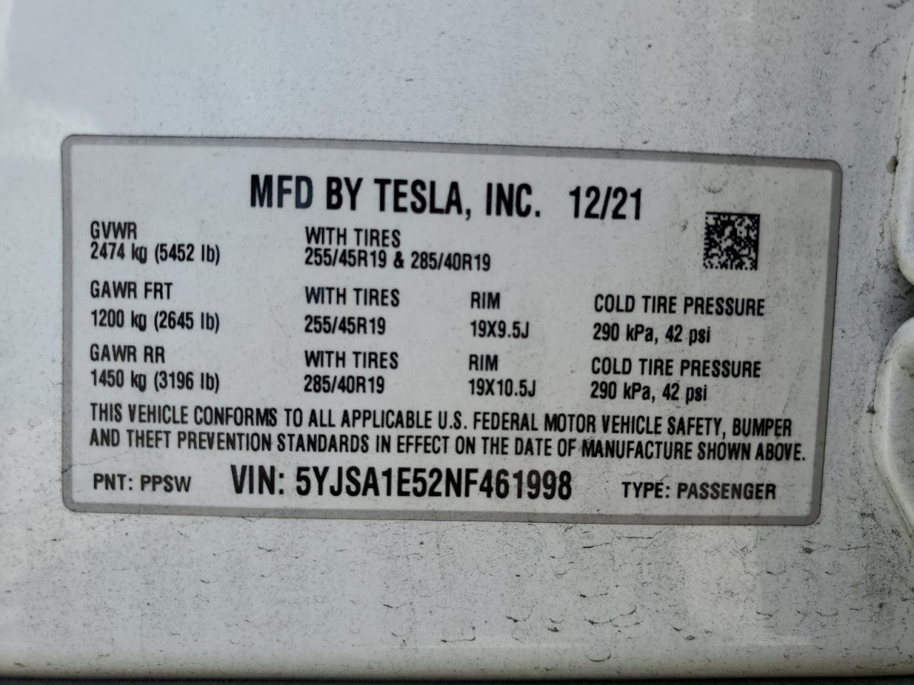 5YJSA1E52NF461998 2022 Tesla Model S