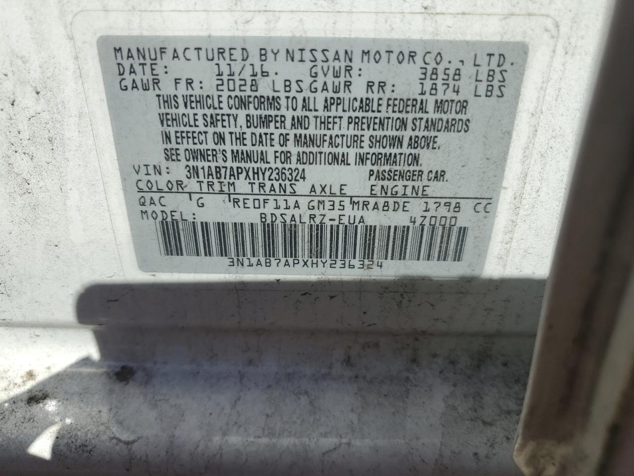 3N1AB7APXHY236324 2017 Nissan Sentra S