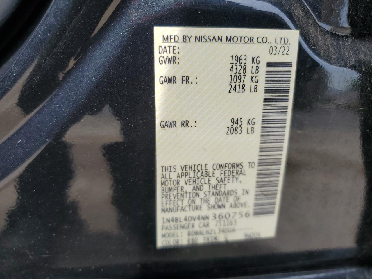 1N4BL4DV4NN360756 2022 Nissan Altima Sv