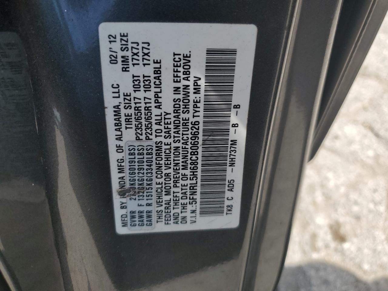 5FNRL5H68CB069626 2012 Honda Odyssey Exl