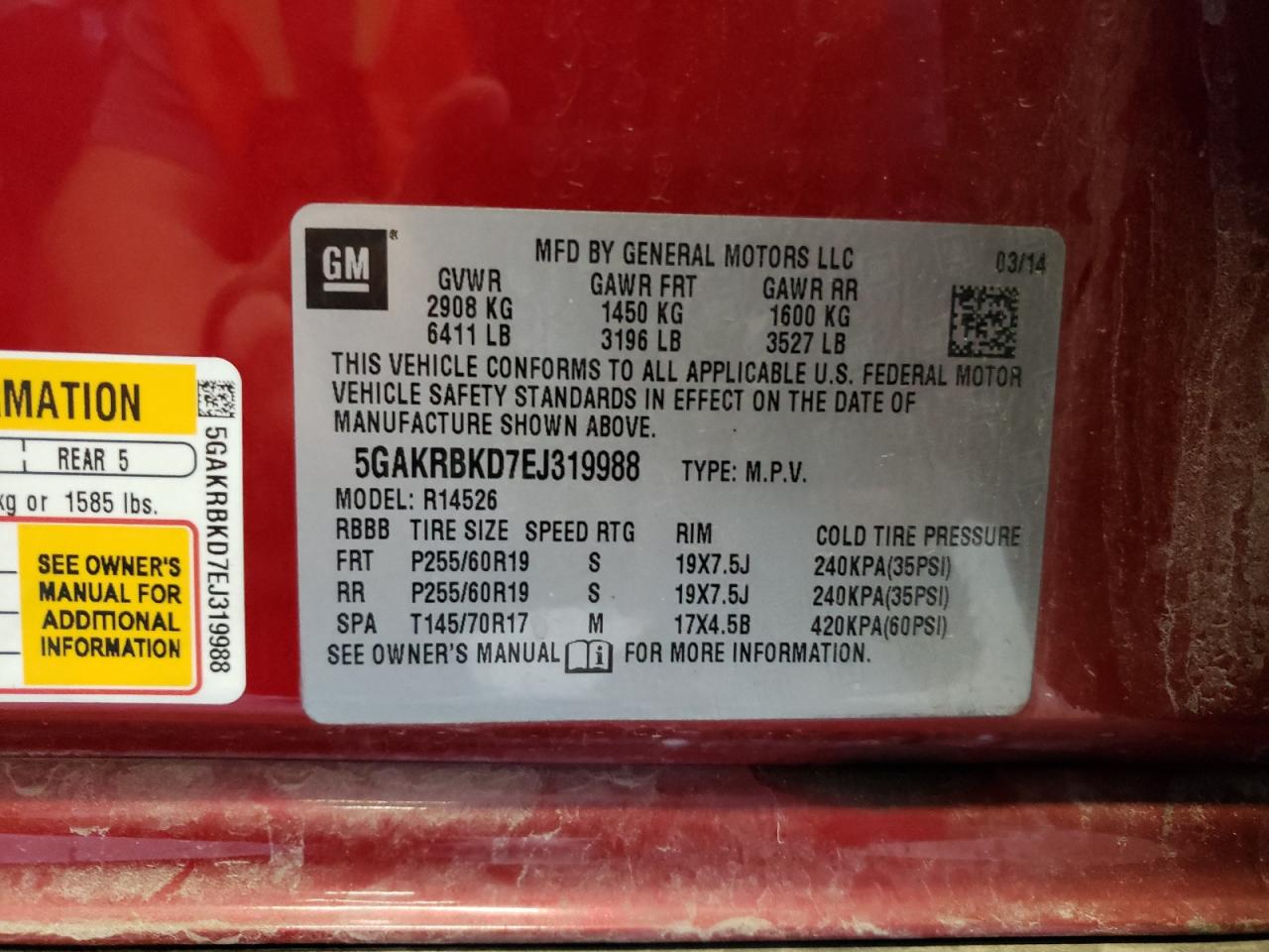 5GAKRBKD7EJ319988 2014 Buick Enclave