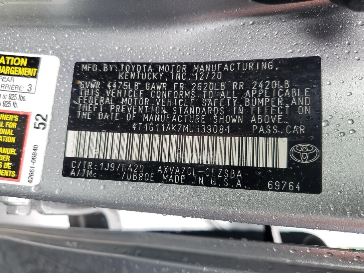 4T1G11AK7MU539081 2021 Toyota Camry Se