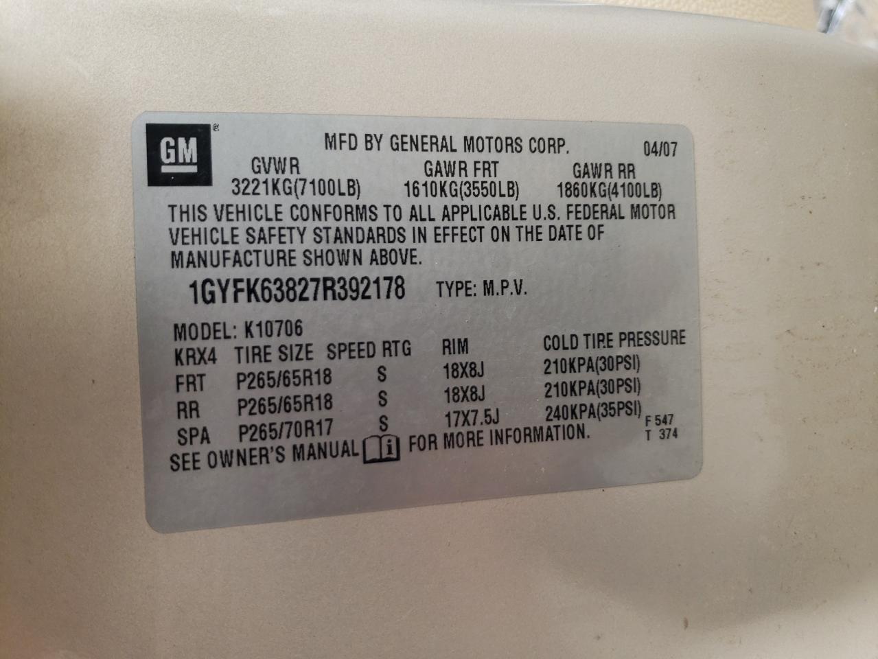 1GYFK63827R392178 2007 Cadillac Escalade Luxury