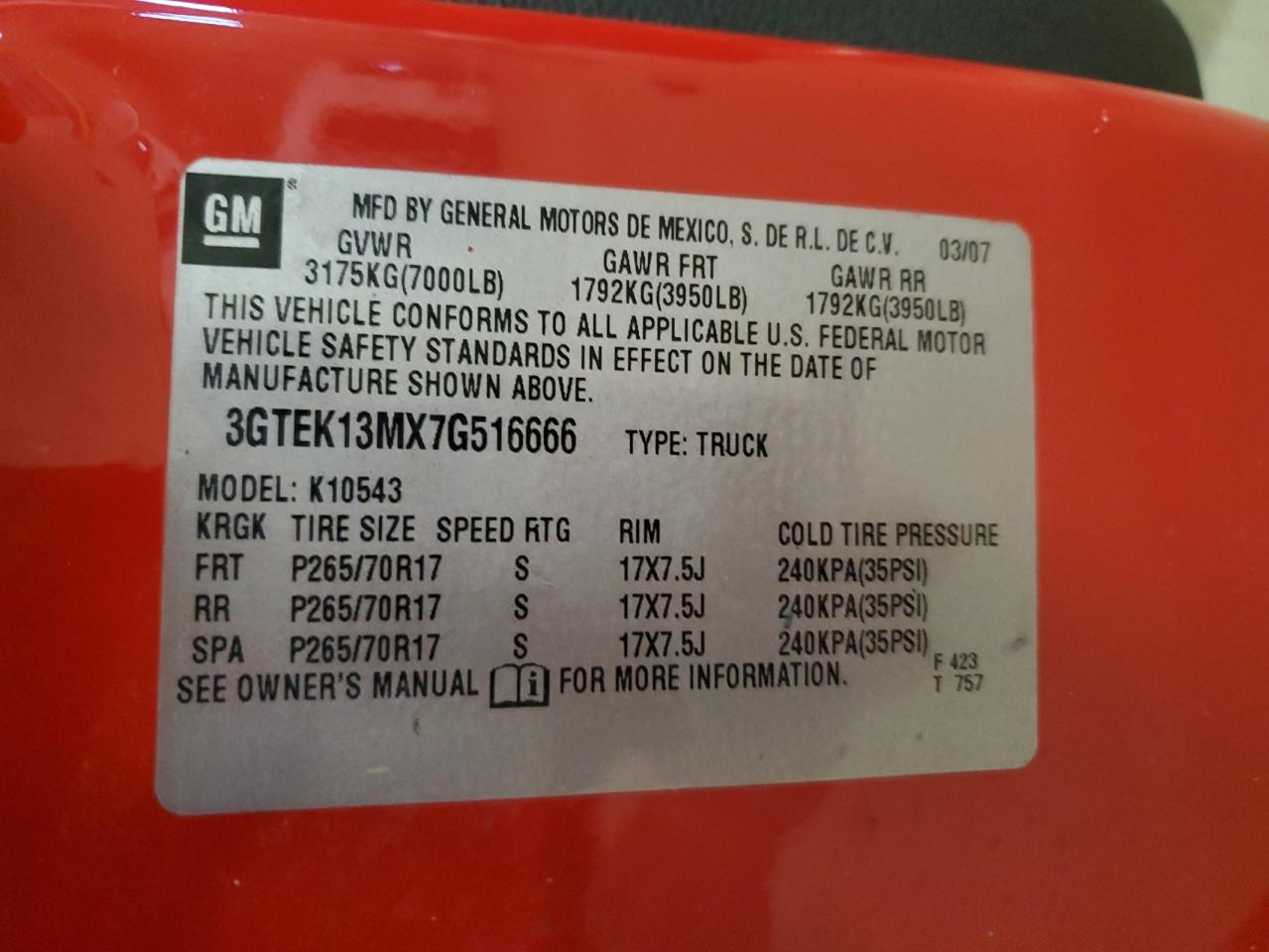 3GTEK13MX7G516666 2007 GMC New Sierra K1500