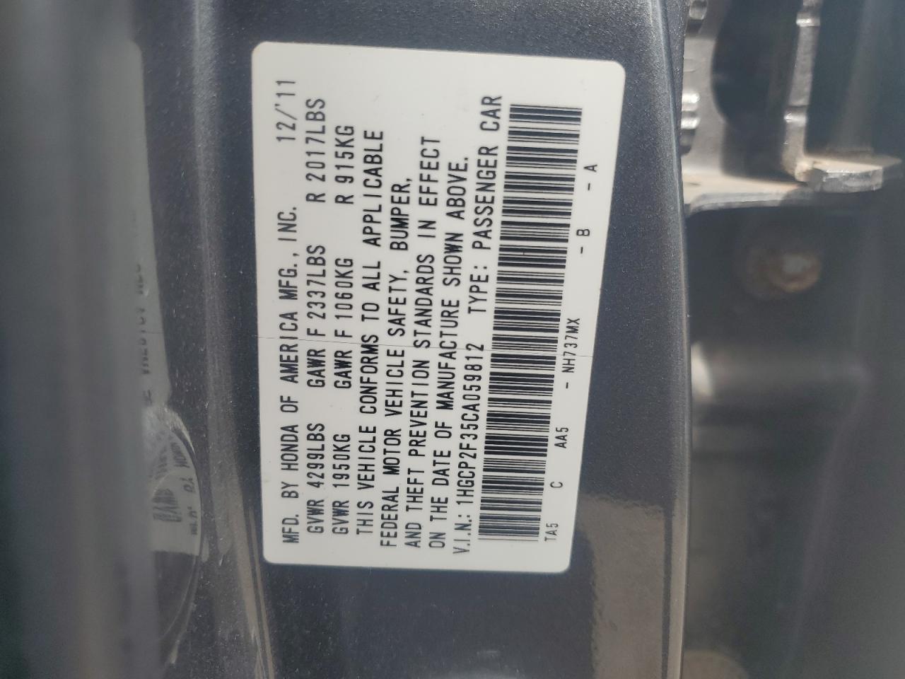 1HGCP2F35CA059812 2012 Honda Accord Lx