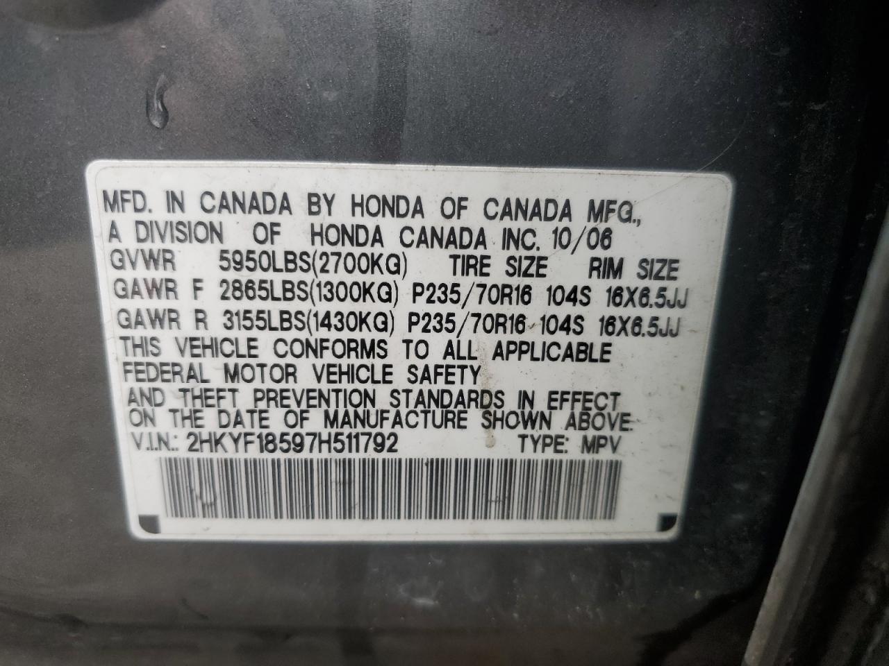 2HKYF18597H511792 2007 Honda Pilot Exl