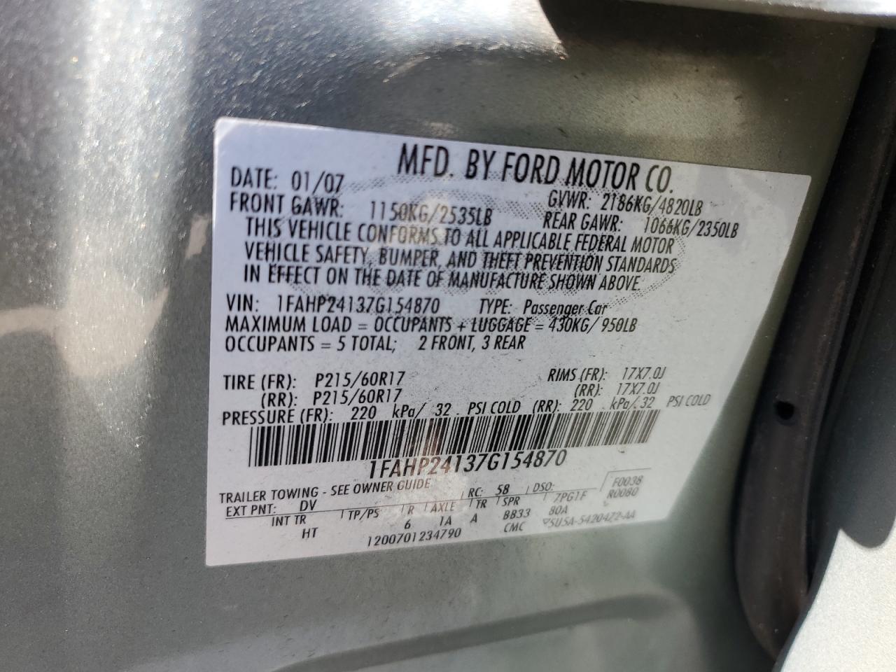 1FAHP24137G154870 2007 Ford Five Hundred Sel