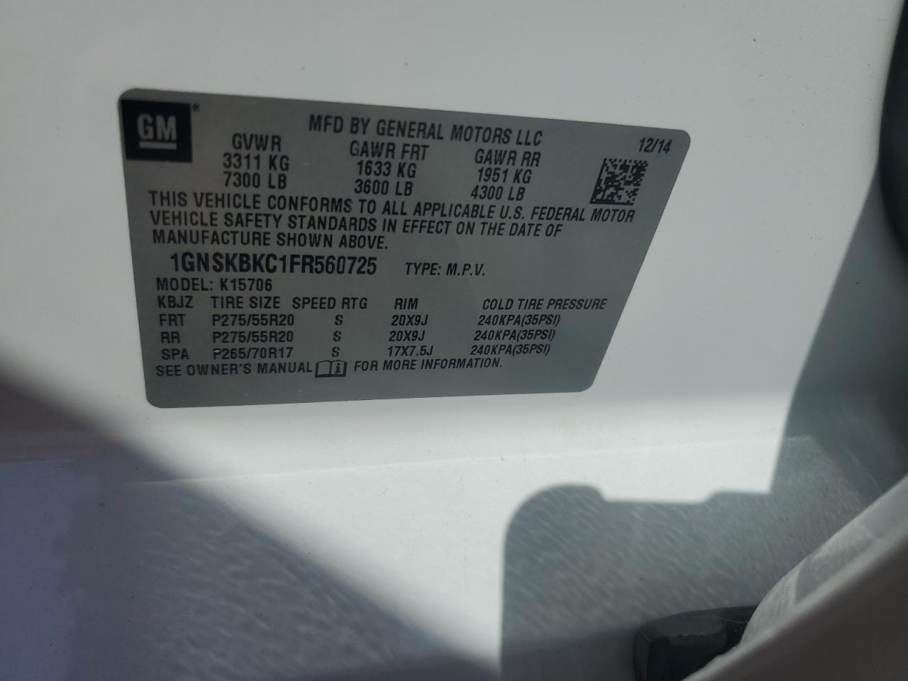 1GNSKBKC1FR560725 2015 Chevrolet Tahoe K1500 Lt