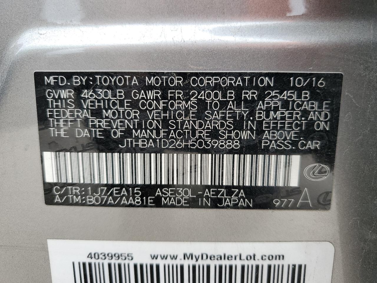 JTHBA1D26H5039888 2017 Lexus Is 200T