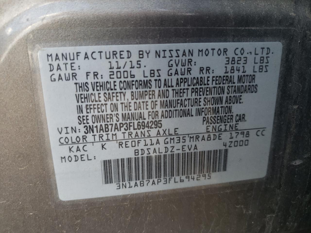 3N1AB7AP3FL694295 2015 Nissan Sentra S