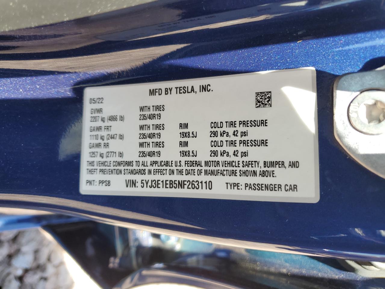 5YJ3E1EB5NF263110 2022 Tesla Model 3