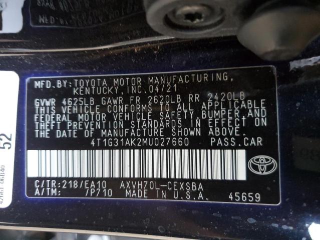 VIN 4T1G31AK2MU027660 2021 Toyota Camry, SE no.13