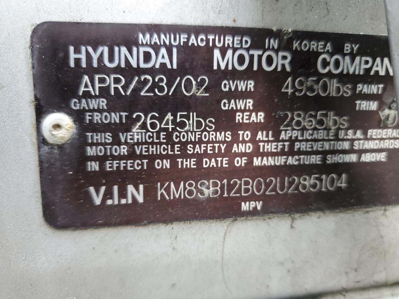 KM8SB12B02U285104 2002 Hyundai Santa Fe Gl