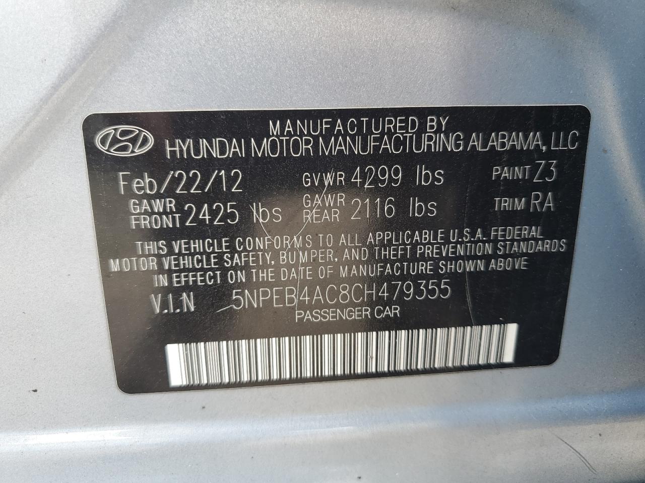 5NPEB4AC8CH479355 2012 Hyundai Sonata Gls