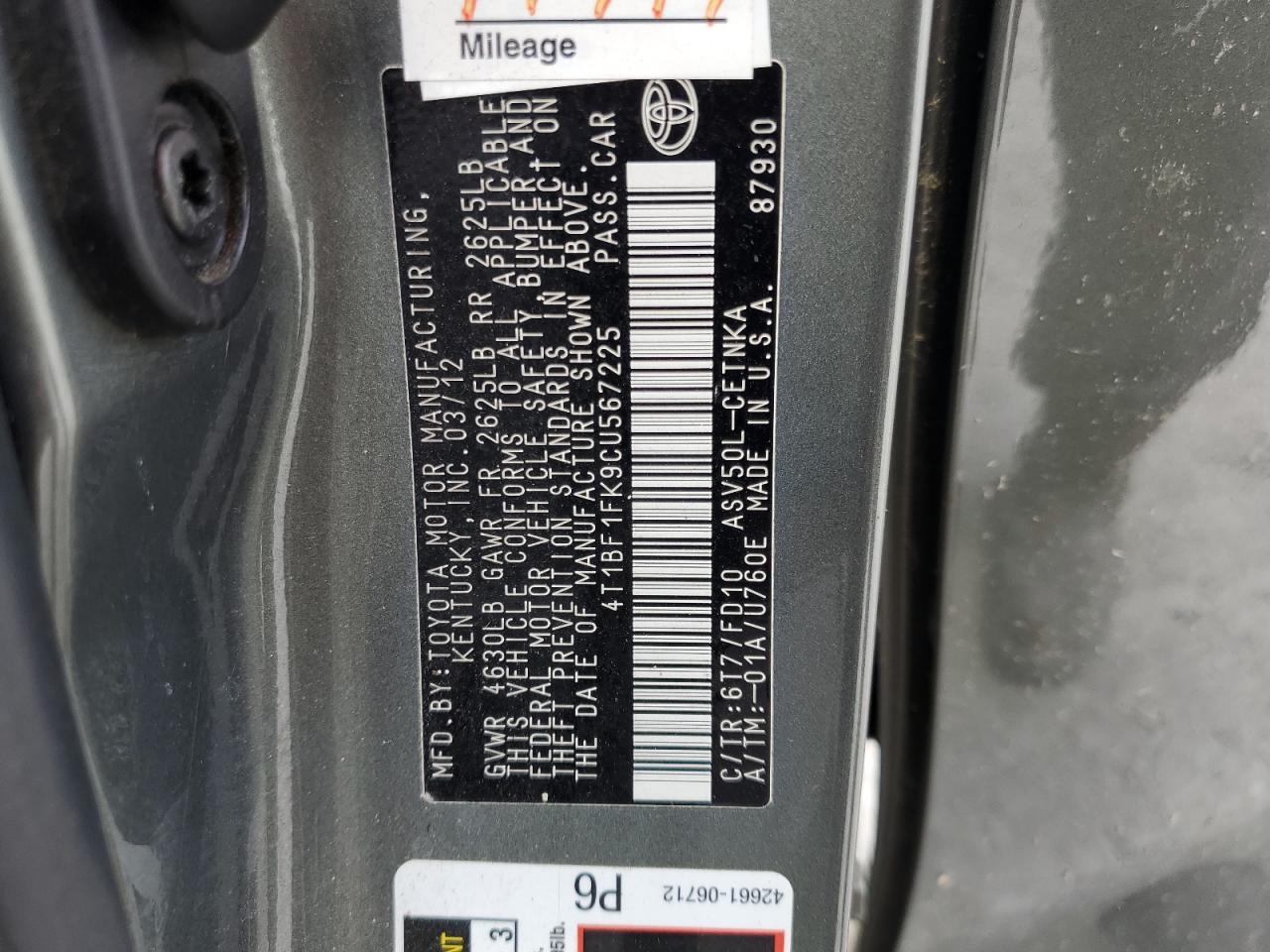 4T1BF1FK9CU567225 2012 Toyota Camry Base