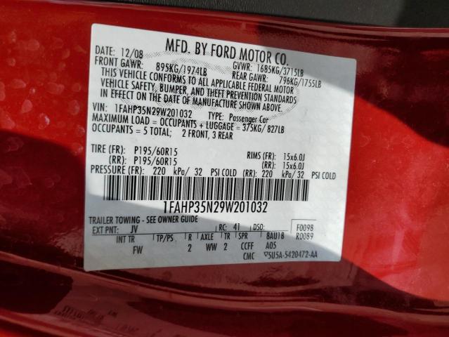 2009 Ford Focus Se VIN: 1FAHP35N29W201032 Lot: 55871044