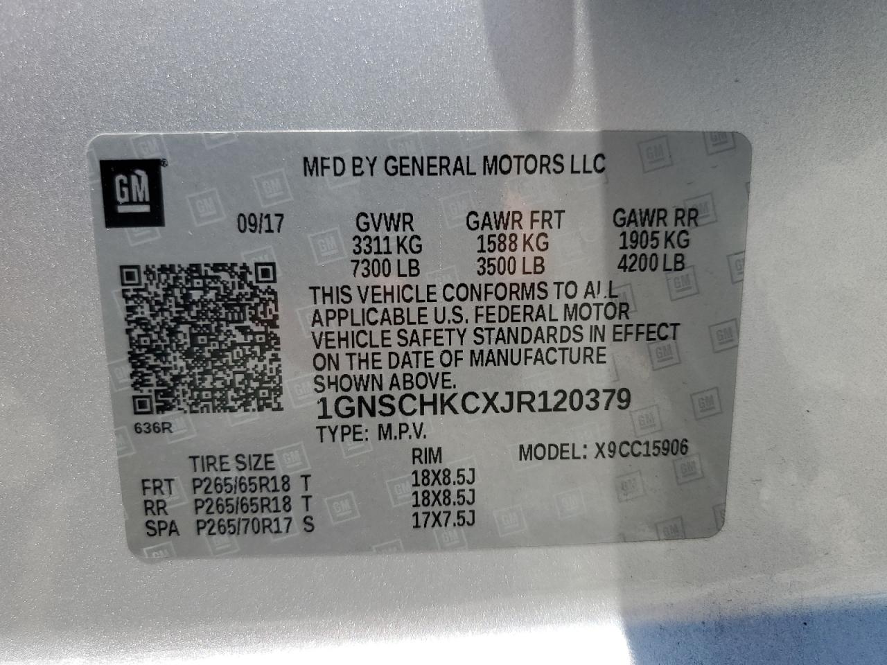 1GNSCHKCXJR120379 2018 Chevrolet Suburban C1500 Lt