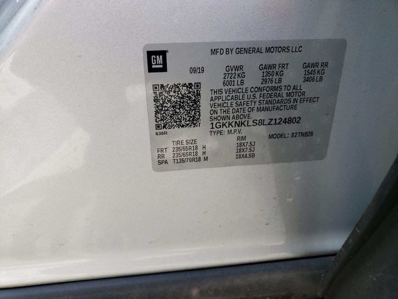 1GKKNKLS8LZ124802 2020 GMC Acadia Sle