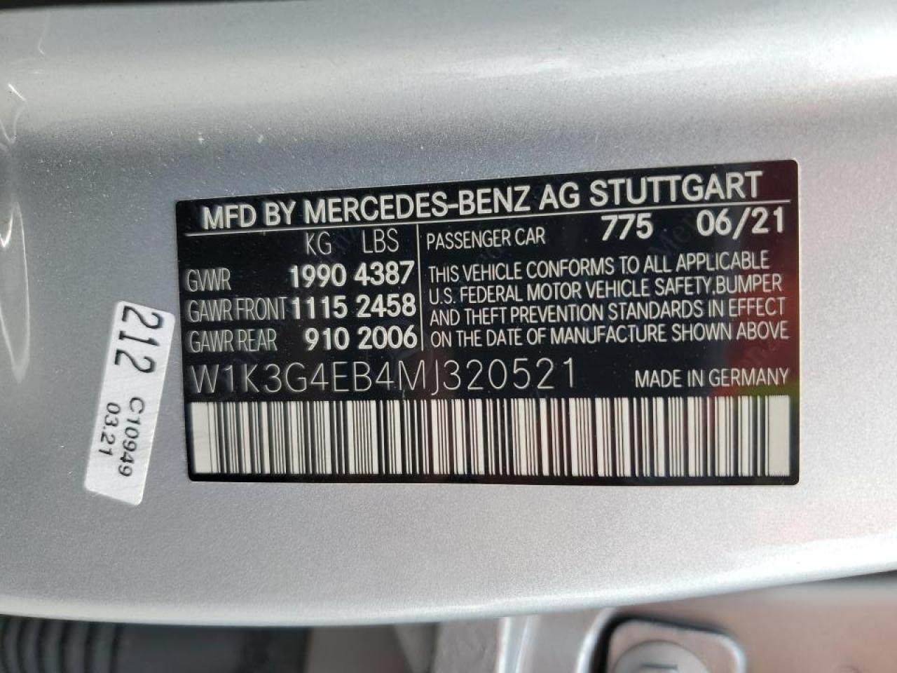 W1K3G4EB4MJ320521 2021 Mercedes-Benz A 220