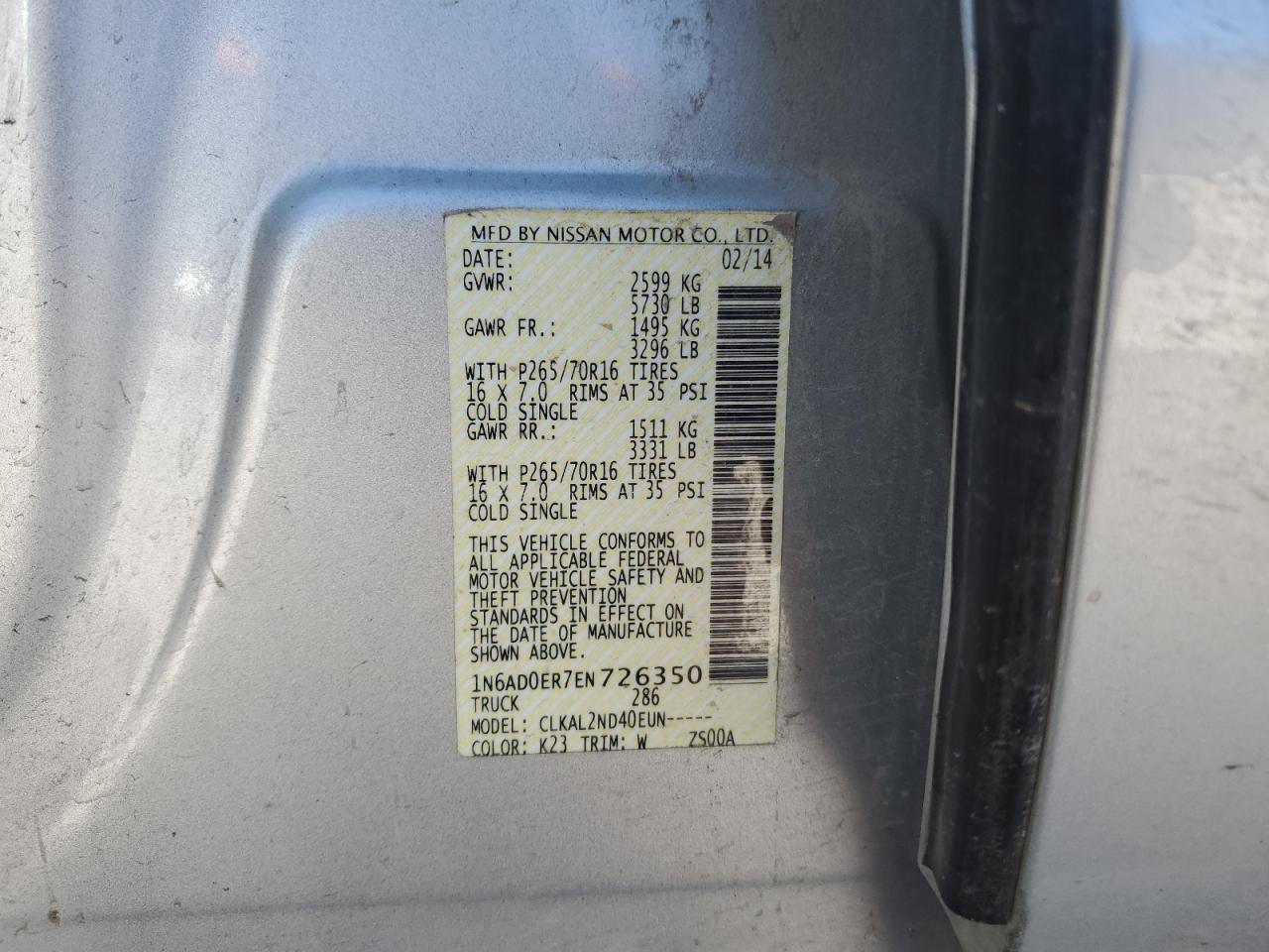 1N6AD0ER7EN726350 2014 Nissan Frontier S