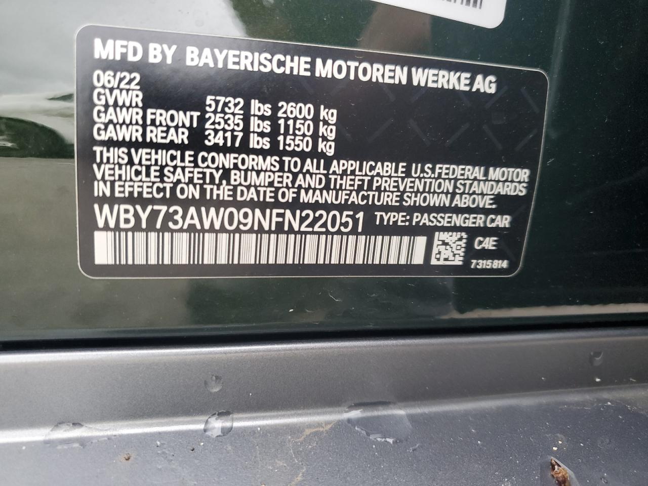 WBY73AW09NFN22051 2022 BMW I4 Edrive 40